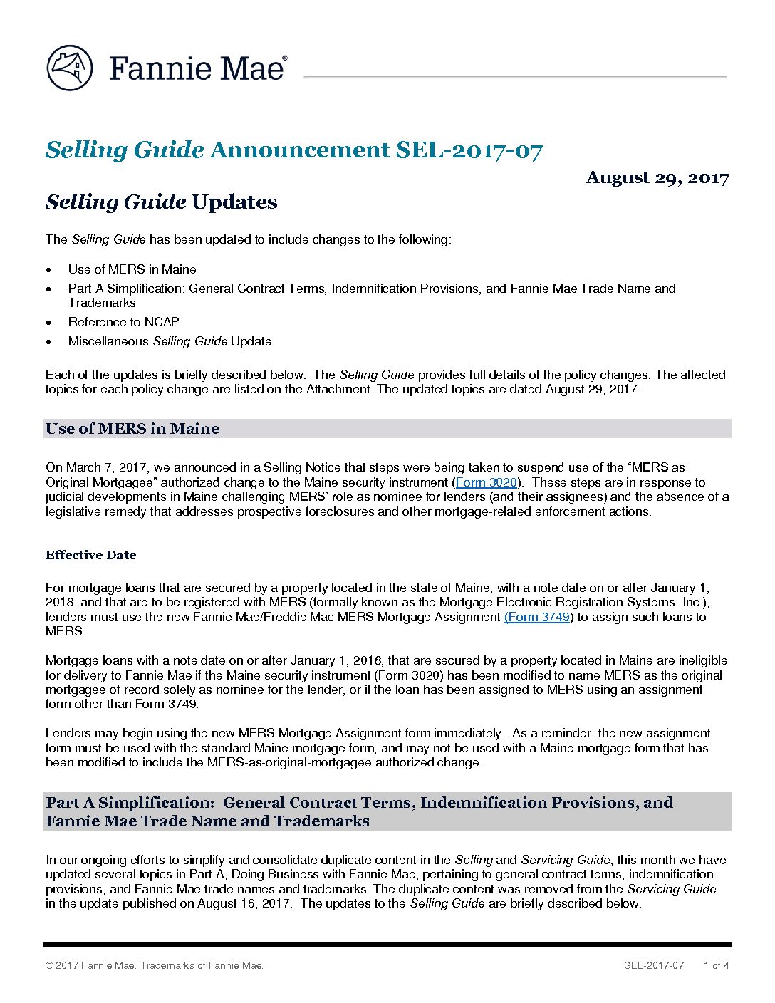 Click here to view the Fannie Mae Selling Guide Announcement TENA