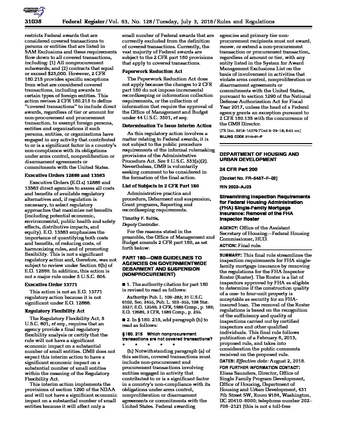 Click Here to View the FHA Rule Adoption Elimination of FHA Inspector