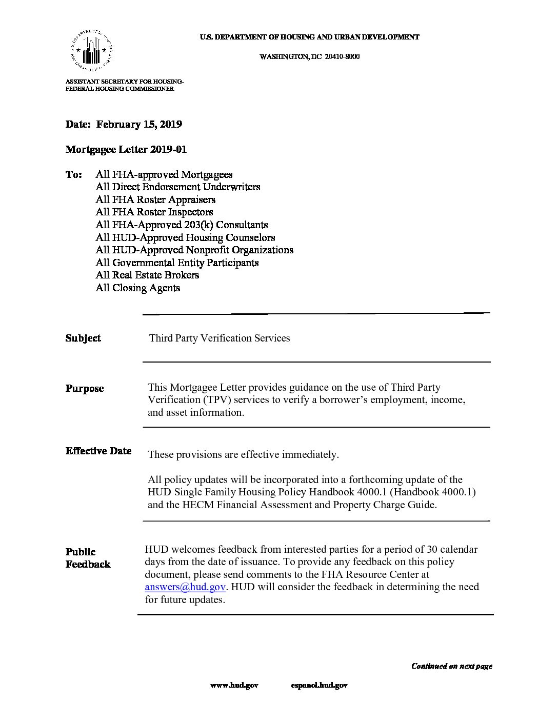 Click Here to View the FHA Mortgagee Letter 201901 TENA